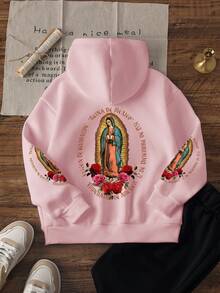 1pc Girls' Hooded Sweatshirt, Back Guadalupe Virgin Mary With Spanish Text And Rose Print, Double Sleeves With Matching Pattern, Vintage Exotic Style - Pink - View 3