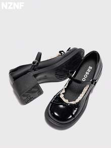 NZNF Sepatu PU Wanita Warna Polos Gaya Akademi dengan Tali Gesper, Sol Tebal dan Hak Tebal, Sepatu untuk Perjalanan Sehari-hari - Hitam - View 7