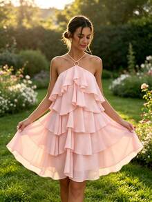 QIANZHIDU Spring/Summer Light Pink Solid Color Halter Neck Ring Tie Multi-Layer Ruffle Waist-Cinching Asymmetrical A-Line Dress, Suitable For Birthday Party, Beach Vacation, Street Outing, Date Afternoon Tea - Pink - View 8