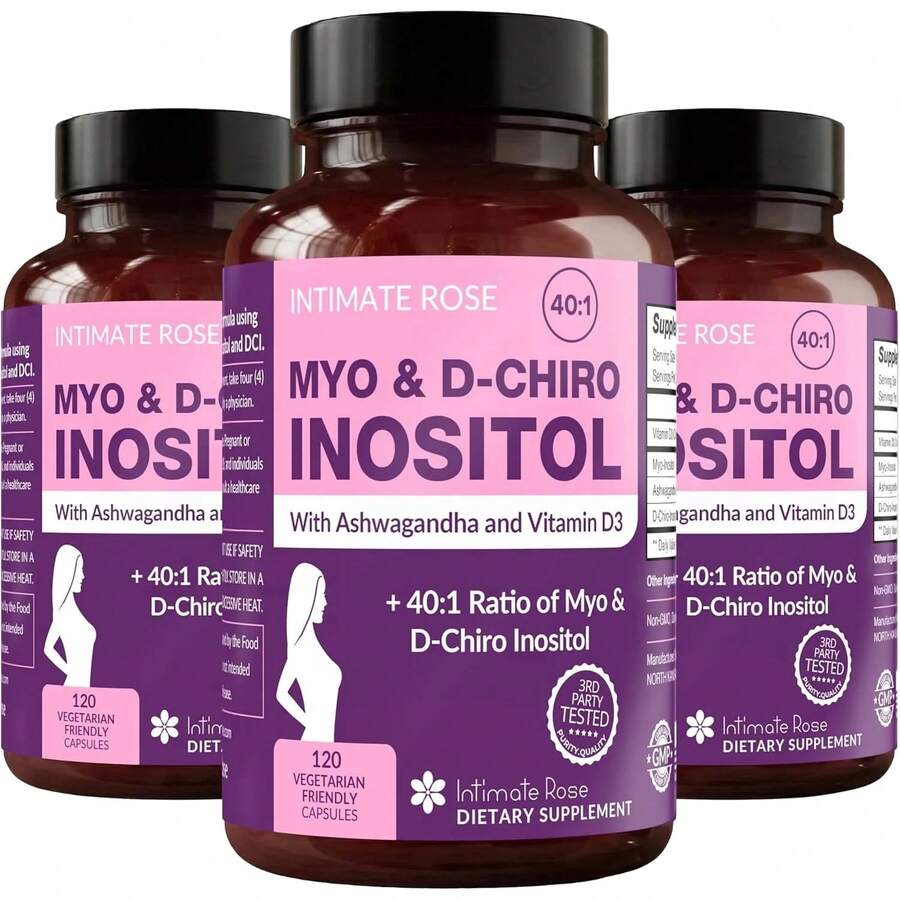 Intimate Rose Myo-Inositol And D-Chiro Inositol Supplement For Women, 40:1 Blend With Vitamin D3 And Ashwagandha, 360 Vegan Capsules (Pack Of 3)