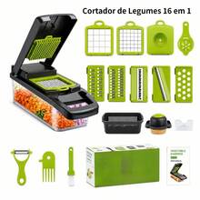 Cortador de legumes 16 em 1 + pastilhas efervescentes para máquina de lavar 6 peças - Tábua de Corte Multifuncional de Grau Alimentício com Lâminas Substituíveis, Cesto Escorredor e Recipiente - Utensílio de Cozinha Ergonômico para Picar Cenouras, Alho, Batatas, etc. - Adequado para Uso Doméstico e em Restaurantes - Cortador 16 em 1 +6 comprimidos efervescentes - Visão 2