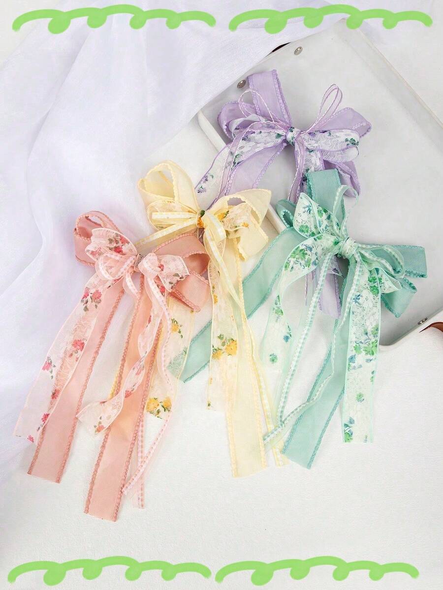 1pc Floral Organza Bow Hair Clip, Long Tassel Transparent Lace Bow, Suitable For Daily, Party, Wedding - Multicolor - View 1