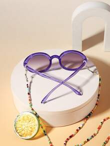 1 Set 1pc Kids 5-9 Years Old Glitter Round Frame Fashion Glasses, Lightweight PC Frame Gradient Lenses, Comes With 1 Cute Glasses Chain, Suitable For Beach Party, With Glasses Case - Multicolor - View 10