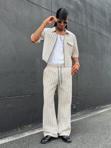 HOMIIE Men's Cropped Striped 2 Pieces Outfit, Cotton Blend Full Zip Shirt & Wide Leg Drawstring Pants, Streetwear For Spring Autumn,Halloween Christmas - Multicolor - View 4