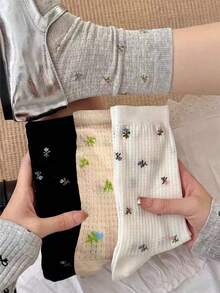 4雙春夏薄網眼透氣吸汗韓系花卉復古INS女孩風百搭中筒鬆垮襪 - 彩色 - 查看 6