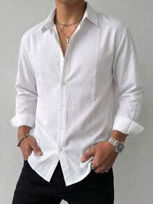 Men's Solid Color Single-Breasted Casual Versatile Comfortable Long Sleeve Shirt, Suitable For Daily Wear And Back To School - White - View 4