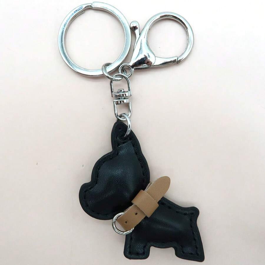 JRESSIAL Mini French Bulldog Keychain Pendant Simple Cartoon PU Leather Keyring Accessory Fashion Bag Charm - Black - View 1