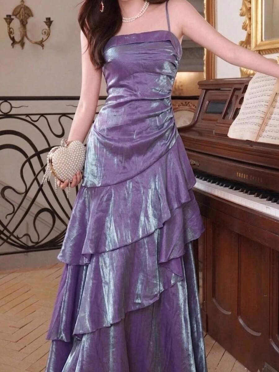 秋季女款優雅時尚紫色派對畢業禮服復古正式晚禮服舞會婚禮裙