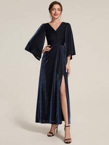 EVERPRETTY Elegant Floor-Length Cape Sleeve Straight Cut Navy Blue Evening Gown, Suitable For Party And Wedding - Navy Blue - View 8