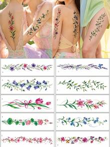 10件裝彩色長脊紋身貼紙，包含花朵、葉子、蝴蝶等多種圖案，可自由組合貼在背部、胸部、手臂、腿部等部位 - 彩色 - 查看 7