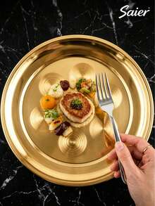 6pcs/3pcs/1pc Gold Round Patterned Stainless Steel Dinner Plate Set, 25cm/9.8in Size, Multi-Piece Combination, Luxury Holiday Banquet Atmosphere, Suitable For Daily Restaurant Kitchen Food Display, Restaurant Gathering, Outdoor Dining, Party, Kitchen Utensils, Easy Storage, Ramadan, Wedding, National Day, White Day - Multicolor - View 8