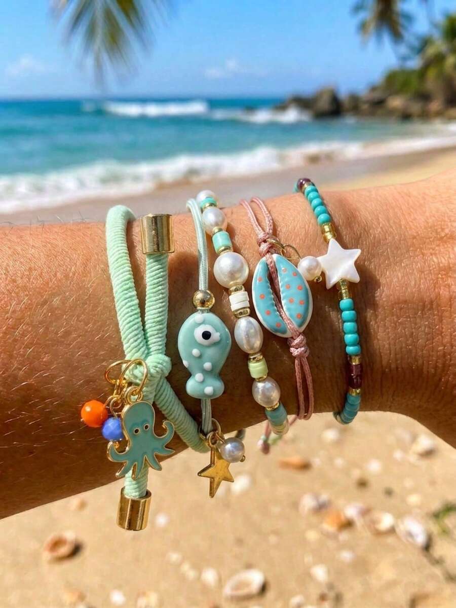 5pcs Cute Cartoon Fun Oil Drip Octopus Shell Ceramic Fish Stretch Bracelet Set, Suitable For Women's Daily, Vacation, Shopping Outfits