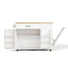 Mobile Kitchen Island With Folding Worktop, Trolley, Storage Cabinet, Bin Cabinet, Shelf Above The Door, Lockable Casters, 130 * 45 (70) * 93 Cm. - White + Wood Tone - View 10