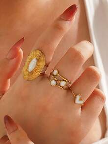 3pcs Stainless Steel Minimalist White Enamel Geometric Rings, Suitable For Women's Daily And Party Wear - White - View 6