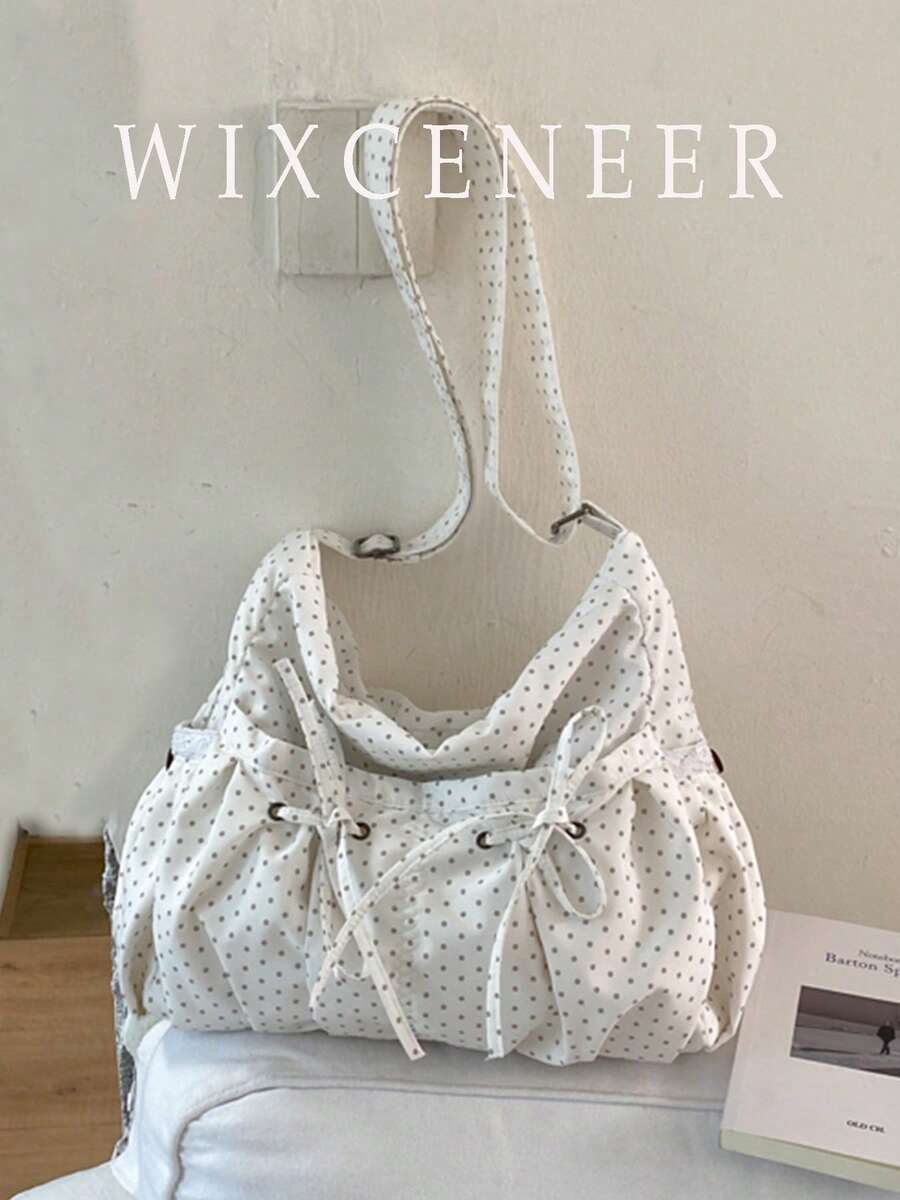 Bolso bandolera casual minimalista ligero con estampado de lunares para mujer, bolso tote de gran capacidad con múltiples bolsillos, adecuado para la escuela, compras, trabajo y viajes