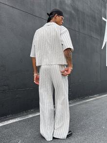 HOMIIE Men's Cropped Striped 2 Pieces Outfit, Cotton Blend Full Zip Shirt & Wide Leg Drawstring Pants, Streetwear For Spring Autumn,Halloween Christmas - Multicolor - View 2