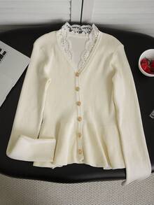 2026 Autumn/Winter New Minimalist Sexy Style Lace Patchwork Ribbed Knit Cardigan, Rich Girl Style Waist-Defining Ruffle Hem Slimming Long Sleeve Fall - Apricot - View 7