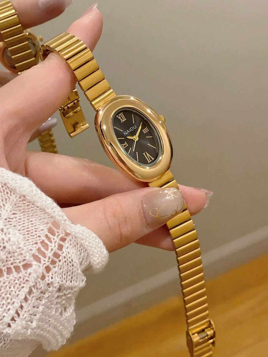 1pc Oval Bamboo Texture Women's Watch, Gold Adjustable Strap, Elegant & Versatile Quartz Wristwatch, Suitable For Daily Wear, Daily Gift - Gold - View 1