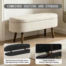 Multifunctional Storage Bench, Soft Chenille Fabric, Wooden Legs, Solid Wood Frame, 20L Storage Space, 110x40x42cm, For Bedroom, Living Room, Shoe Bench, Hallway - 米色 - 查看 6