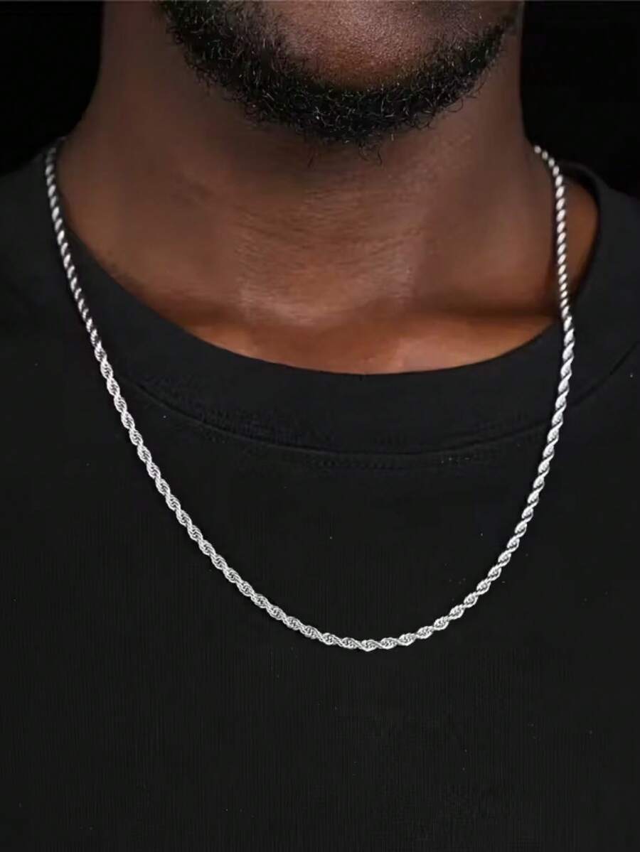 1pc Minimalist Stainless Steel Twisted Rope Necklace, Hip Hop Street Style Basic Chain Without Pendant, Hypoallergenic Stainless Steel Unisex Daily Wear Necklace - Silver - View 1