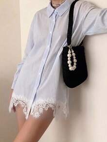 Women Ins Casual Striped Lace Trim Oversized Long Shirt, Blue-White Vertical Stripe Button Up Long Sleeve Collared Blouse Dress For Fall Going Out - Baby Blue - View 4