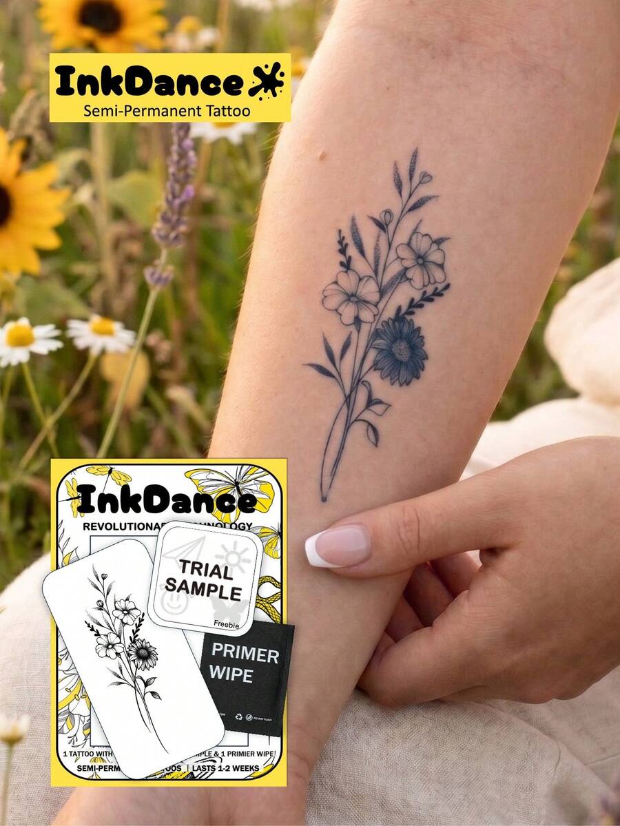 1套「野花花束」新科技紋身貼紙,半永久細線植物風精緻臨時紋身貼,防水長效逼真設計,植物基配方,InkDance Ink Dance,禮品 X043 - 黑色 - 查看 1