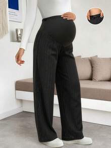 Elegant Black Ribbed Wide Leg Pants For Pregnant Women, Comfortable Medium Stretch Knit Long Pants With Button Detail Design, Suitable For Autumn Wear - Black - View 6