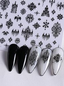 4 Blätter 3D Gothic Stil Nagelaufkleber, Schwarz & Rot Vintage Dunkle Nagelaufkleber, mit Barockmustern, Fledermäusen, Turmschlössern, Kreuzen und Spitzenblumenmustern, Dunkle Hexen Punk Stil selbstklebende Nagelaufkleber, Nagelkunst Dekoration DIY Nagelbedarf - Schwarz - Übersicht 5