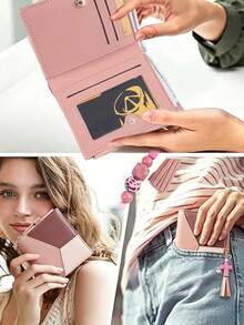 Carteira Bifold de Couro PU com Blocos de Cor para Mulheres, Chaveiro com Borla de Contas de Cruz de Jesus, Porta-Moedas com Zíper, Porta-Cartões Múltiplos e Identidade, Mini Carteira, Presente Cristão para Senhoras - 2244 - Visão 6