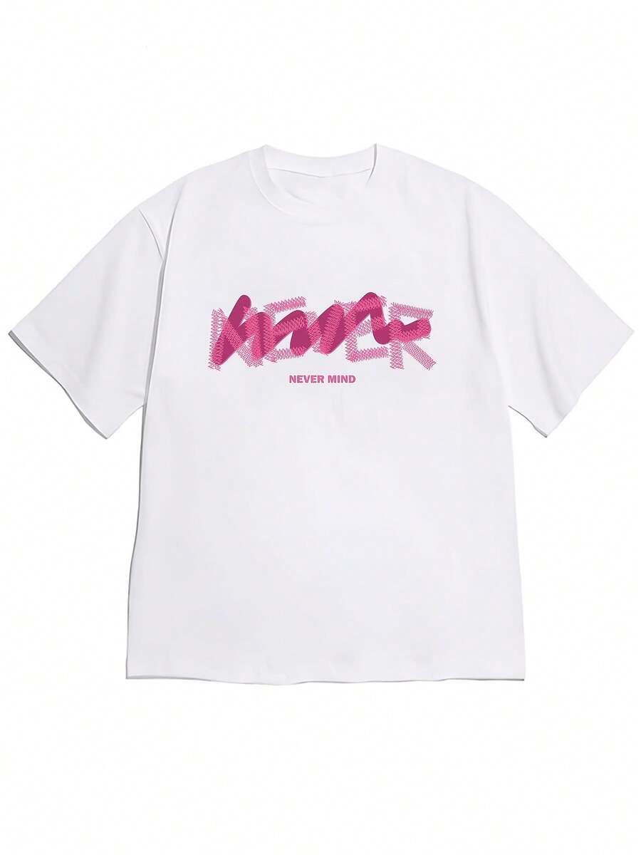 2026 Spring/Summer New Women's Off-Shoulder Short-Sleeve T-Shirt With 'NEVER MIND' Creative Graffiti Font,  Text, Sweet And Cool Street Style, C - 白色 - 查看 1