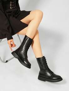 Sepatu Bot Wanita Bertali dengan Resleting Samping, Sol Tebal, Sepatu Bot Motor, Sepatu Bot Datar Setengah Betis - Hitam - View 6
