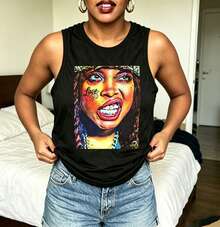 Erykah Badu Print Sleeveless Tank Top, 2000s Style Summer Going Out Top For Women - 黑色2 - 查看 1
