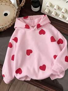 1pc Girls New All-Over Red Heart Print Hooded Sweatshirt, Sweet & Cute Children's Casual Versatile Long Sleeve Pullover Top - Pink - View 3
