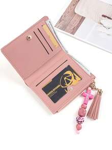Carteira Bifold de Couro PU com Blocos de Cor para Mulheres, Chaveiro com Borla de Contas de Cruz de Jesus, Porta-Moedas com Zíper, Porta-Cartões Múltiplos e Identidade, Mini Carteira, Presente Cristão para Senhoras - 2244 - Visão 10