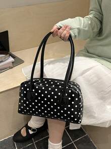 1件極簡復古拉鍊單肩包，附口袋裝飾與雙手柄，適合女性日常休閒通勤使用 - 黑色 - 查看 2