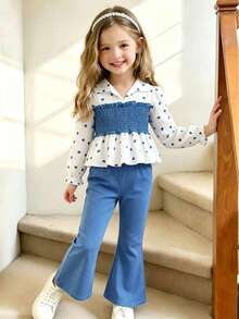 Galaxy Graffiti Autumn Fashion Outfit 4-7 Years Old Girls Set Spring Autumn New Sweet Heart Print Color Block Pleated Waist Long Sleeve Top & Flared Leg Pants Fashionable Stylish Suit Suitable For Daily Casual Weekend Outings Spring Autumn Season Matching - Blue - View 5
