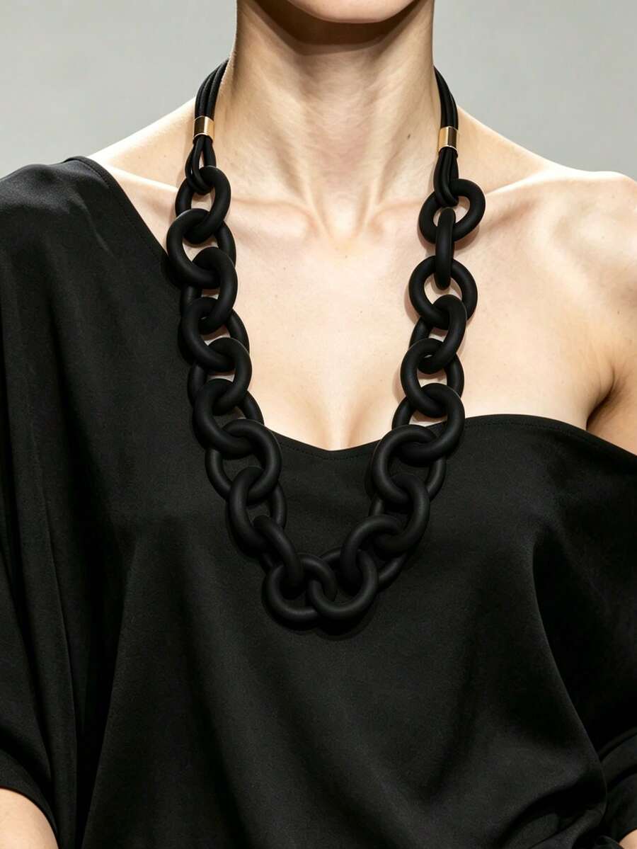 MARLIWOO 1pc O-Ring Chain Long Necklace, Multi-Way Wear, Tassel Gothic Style, Personalized Exaggerated Niche Jewelry - Black - View 1