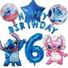 Hasbro Lilo & Stitch & Angel 主題生日氣球套組，包含數字鋁箔氣球、Stitch 與 Angel 造型鋁箔氣球、「HAPPY BIRTHDAY」字母氣球、星星氣球，藍色與粉色 CP 配色，營造可愛動畫氛圍 - 彩色 - 查看 18