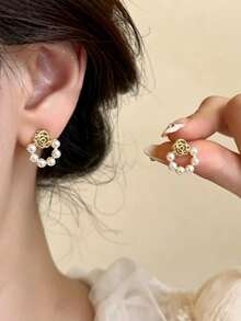 3 pares de pendientes de botón de flor con pétalos de perla sintética, estilo minimalista, elegante, nicho de alta gama, dulce, versátil y fresco, conjunto de pendientes para mujeres, adecuado para uso diario y festivo - Multicolor - Ver 4