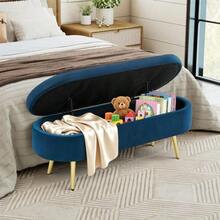 Multifunctional Storage Bench, Soft Chenille Fabric, Wooden Legs, Solid Wood Frame, 20L Storage Space, 110x40x42cm, For Bedroom, Living Room, Shoe Bench, Hallway - 寶藍色 - 查看 3