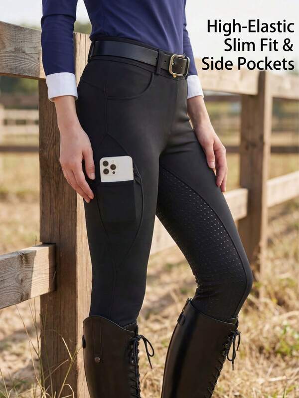 1 pieza Pantalones de equitación para mujer (negro) Pantalones de montar con asiento completo de silicona, diseño de cintura alta, pantalones de montar ajustados con patrón de lunares y bolsillos para teléfono, adecuados para todas las estaciones, cinturón no incluido