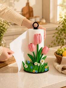 2d Tulip Shaped Kitchen Towel Rack - 1pc Beautiful Tulip Design Kitchen Towel Holder, Elegant Desktop Tissue Paper Dispenser For Storage. Towel Or Fabric Organizer Not Included. Interesting Gift. - Multicolor - View 1