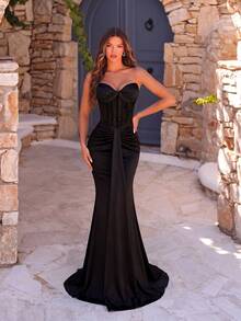 ADYCE Elegantes schwarzes Bandeau-Top mit plissierter Spitze, Fischgräten-Design, hoher Taille, Schlitz hinten, Bindeband und Fishtail-Saum, bodenlanges Kleid für Abschlussball, Geburtstagsparty, Abend, Herbst - Schwarz - Übersicht 3