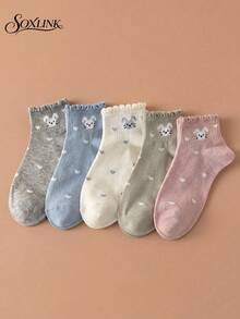 5 Pairs Frill Trim Rabbit Heart Short Socks For Women, Japanese Soft Girl Cute Casual Women's Socks, Versatile Preppy Style Ladies Socks - Multicolor - View 4