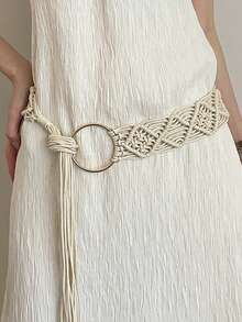 1 pieza Cinturón ancho de mujer estilo vintage con cuerda trenzada hueca, anillo de metal y borla, estilo de vacaciones francesas para decoración de vestidos - Dorado - Ver 7