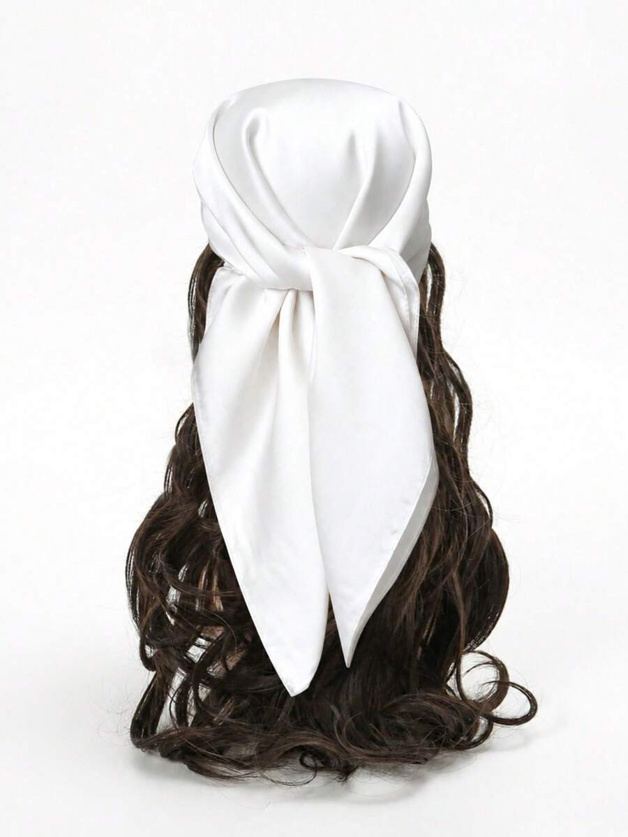 1pc Soft Solid Color Minimalist Polyester Silk-Like Square Scarf, Headband Headwrap, Suitable For Styling - White - View 1