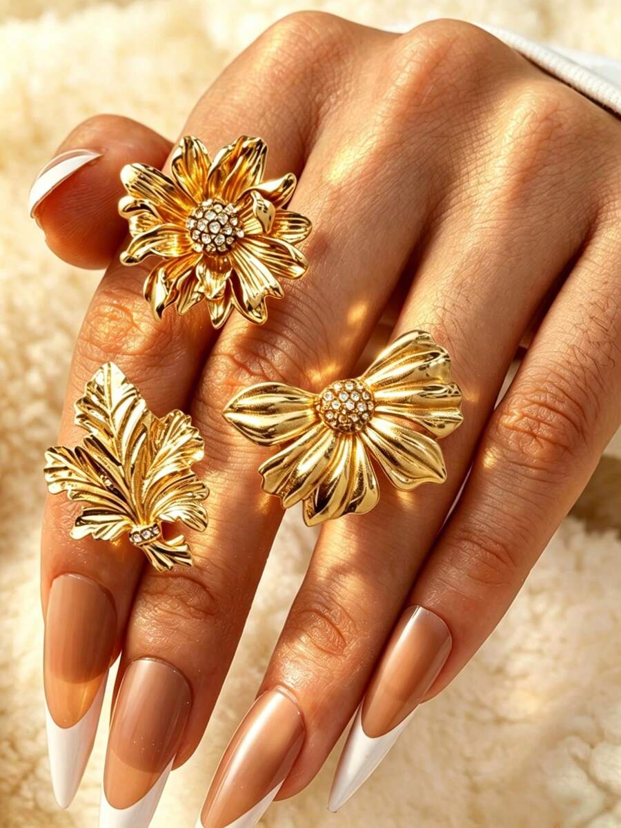 3pcs Fashion Metal Style Flower Brooch Accessories, - Gold - View 1