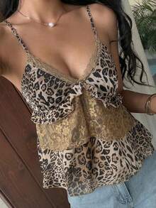 Spaghetti Strap Top With Patchwork Leopard Print Pattern, Polyester Lace Splice, Vacation & Beach Casual Summer - Khaki - View 2