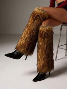 Furry Fluffy Knee High Boots For Women Faux Fur Winter Snow Boots Pointed Toe Stiletto High Heels Sexy Warm Shoes Christmas Party - 棕色 - 查看 1