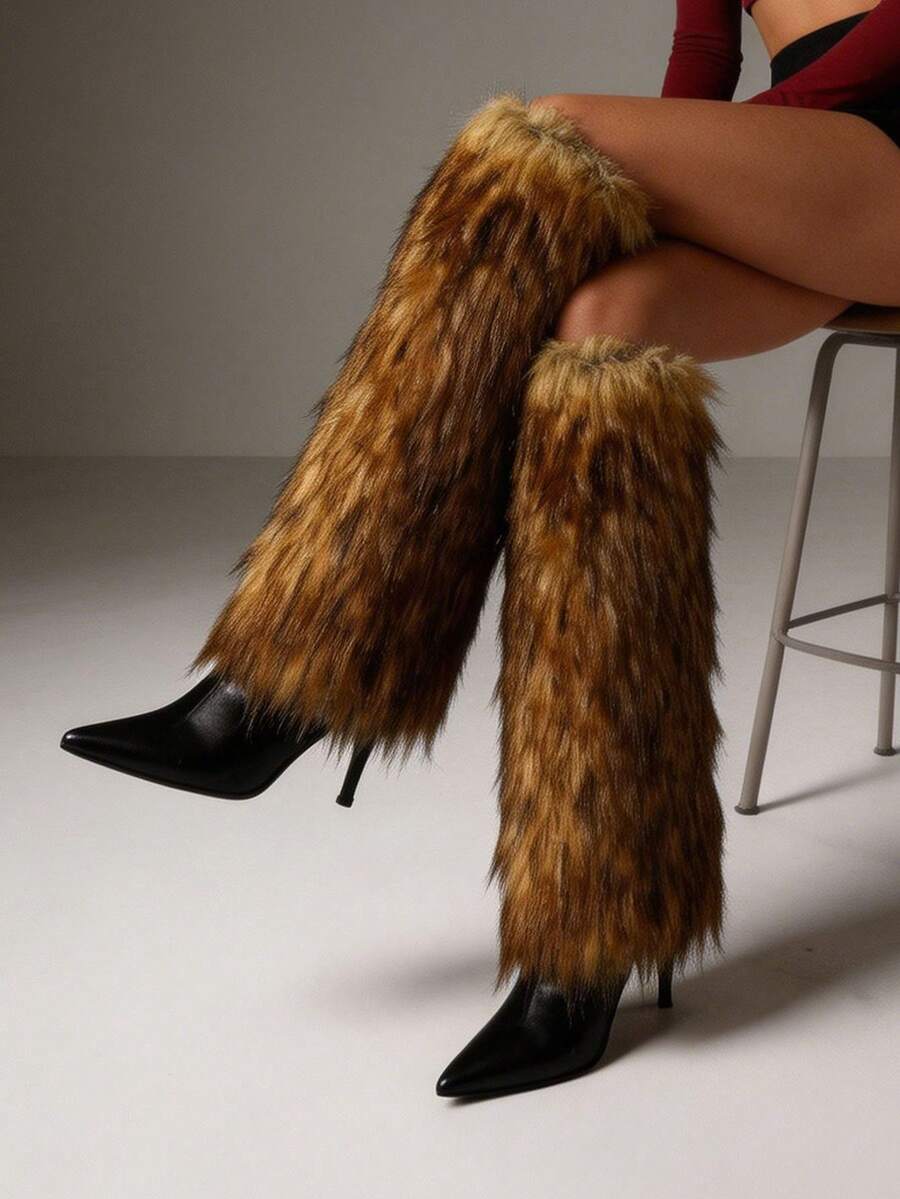 Furry Fluffy Knee High Boots For Women Faux Fur Winter Snow Boots Pointed Toe Stiletto High Heels Sexy Warm Shoes Christmas Party - 棕色 - 查看 1